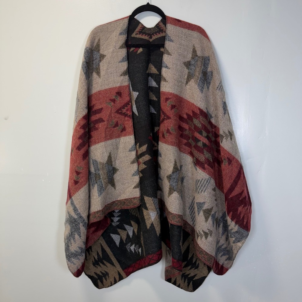 Womens Southwest Reversible Poncho Wrap Aztec Tribal Pattern Multicolor One Size